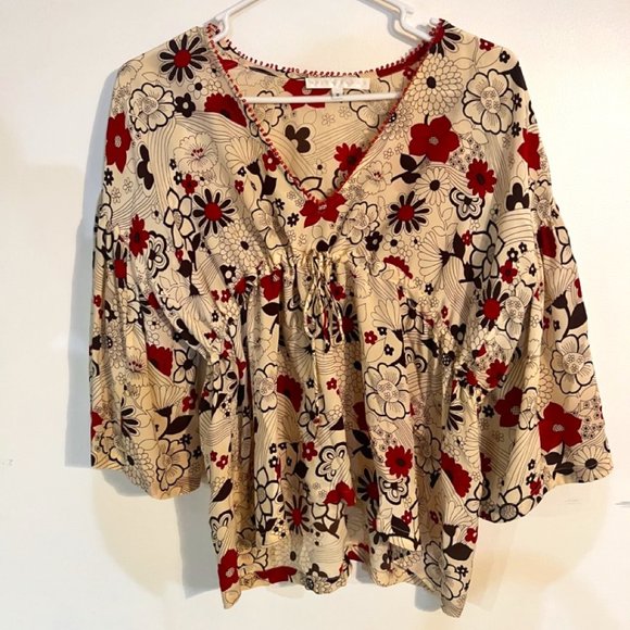 100% Silk Red Floral Top - Erica Tanov - Size 0 - Picture 1 of 4